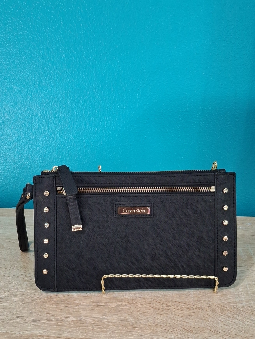 Calvin Klein Black Studded Wristlet Clutch/wristlet with Gold Accents